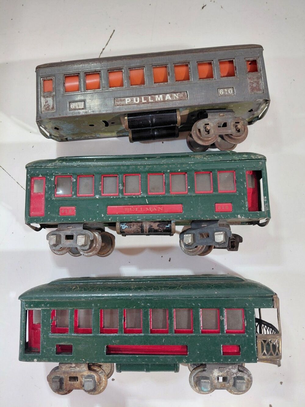 3 Lionel 610 O Gauge Model Railroad Pre war Pullman Passenger Cars Parts/Repair